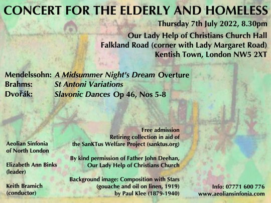 Concert for the Elderly and Homeless - Thursday 7th July 2022, 8.30pm in Kentish Town, NW5 2XT